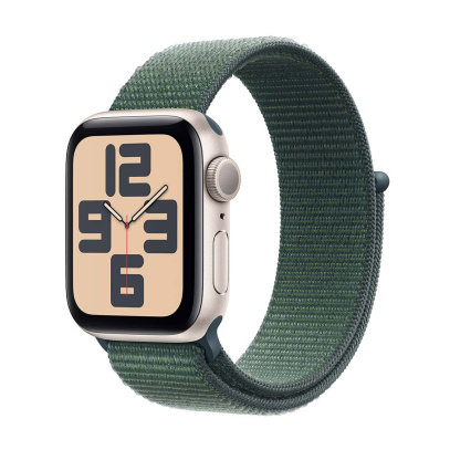 Apple Watch SE (2024), 44 мм корпус из алюминия цвета «Starlight», ремешок Sport Loop цвета «Lake Green»