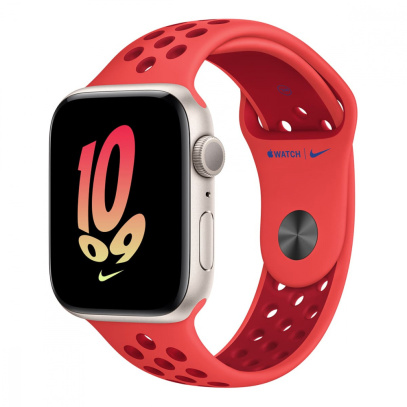 Apple Watch Nike SE (2022), 44 мм корпус из алюминия цвета «Starlight», ремешок Nike Sport Band размера M/L цвета «Bright Crimson/Gym Red»