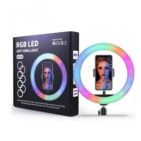 Кольцевая селфи-лампа RGB LED мультиколор, 26см с держателем для смартфона (MJ26)